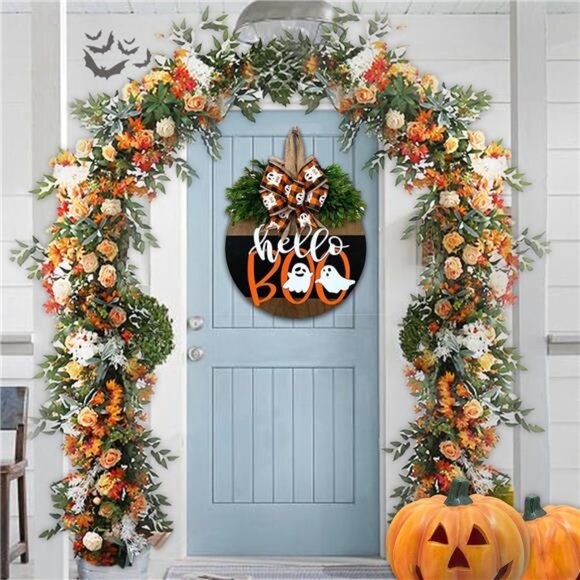 Halloween Ghost Door Sign - Cute Wood Wreath for Front Door & Porch Decor - Picture 4 of 6